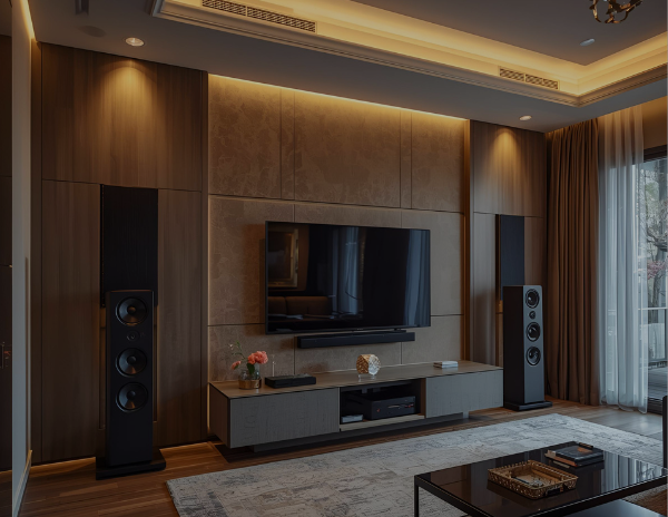 Modern home audio system with floor-standing speakers and wall-mounted TV in a luxury living room in KZN